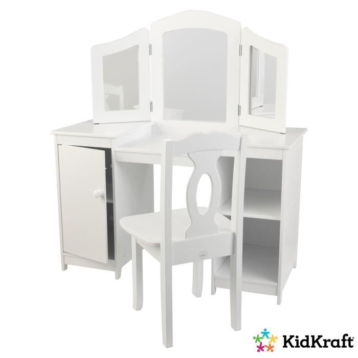 KidKraft - Coiffeuse Deluxe pour enfant en bois avec 3 miroirs et tabouret - Blanc