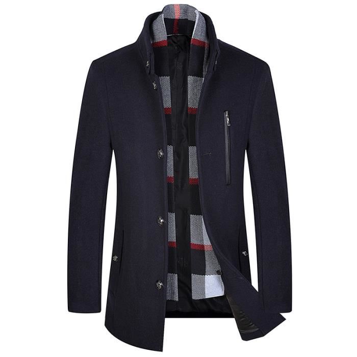 Manteau en Lain Épais Hiver Mi-long Col Mao Homme Bleu ...