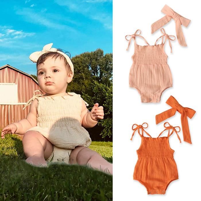 0 24 Mois Bebe Fille Body Ete en Coton sans Manche Combinaison Courte Unie Barboteuse a Fines Bretelles avec Bandeau Cheveux Beige Cdiscount Pret a Porter