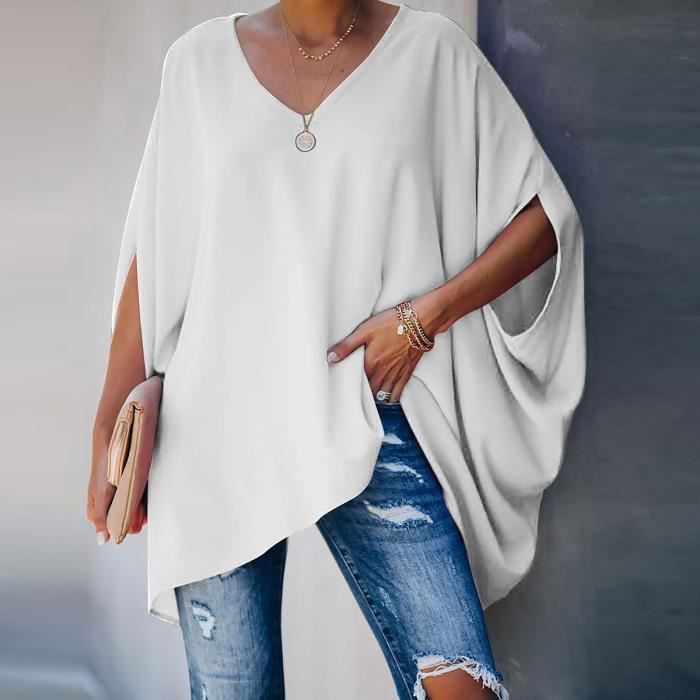 T shirt manches chauve souris de couleur unie pour femmes Blanc