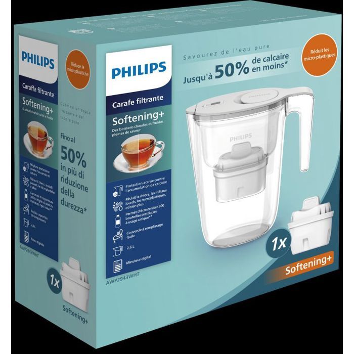 Carafe filtrante 2 6 avec 1 filtre anti calcaire Micro X Clean sofftening+ Philips PHAWP2943WHT/