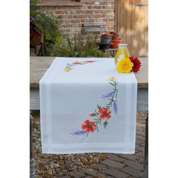 Kit Point De Croix Vervaco Blue Feathers - Chemin De Table 40 X 100 Cm, Tissu Blanc