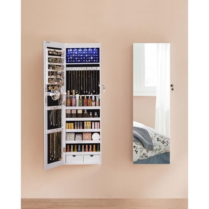 Armoire &agrave; Bijoux SONGMICS avec Miroir et 6 Lampes LED - Blanc 