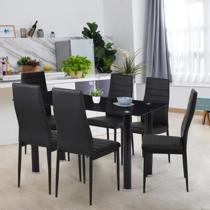 Ensemble Table à manger L 140 x P 80 cm + 6 chaises - Métal - Plateau en verre trempé - JIM