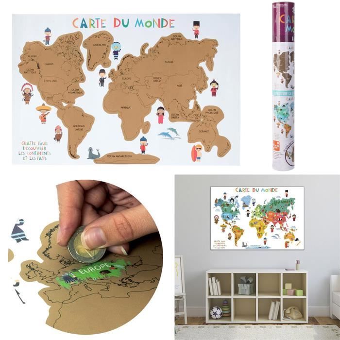 Carte du Monde à Gratter en Français - Poster Monde XXL 60 cm x 40 cm -  Pour Enfant - Cdiscount Maison