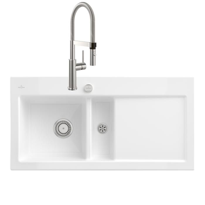 Evier VILLEROY ET BOCH Subway Pure 60 1 bac et demi égouttoir à droite vidage auto + Robinet Steel Expert 2.0 Acier Massif - vue 6