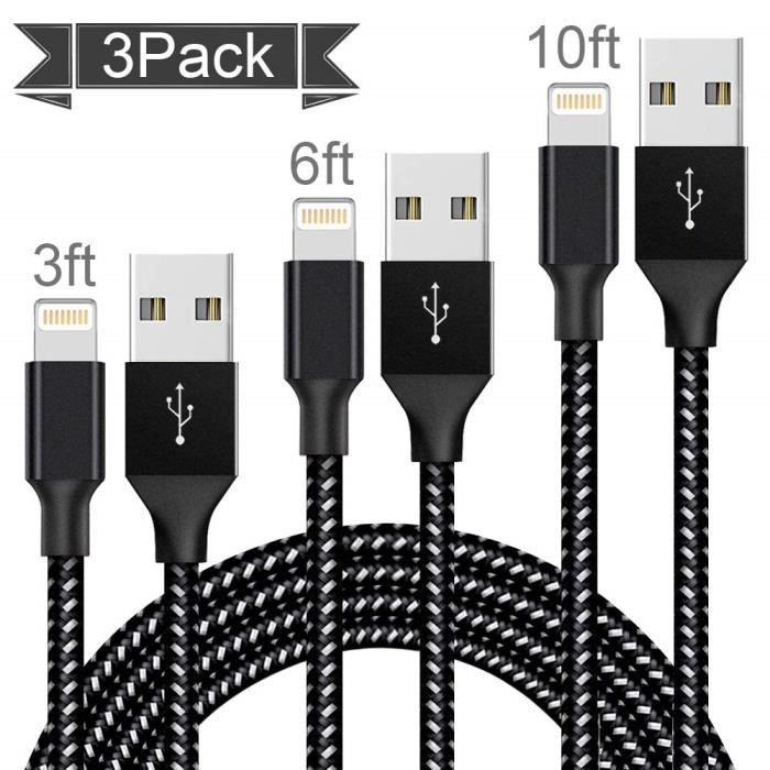 Vasea Câble Phone [5-Pack 1/1/2/2/3 M] De Nylon Tressé Connecteur En Aluminium Compatible Avec IPhone X/8/8 Plus /7/7 Plus/6S/6S Plus/ 6/6 Plus (Noir