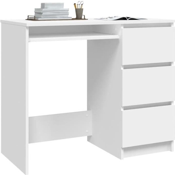 Bureau - ZERODIS - HB042 - Blanc - 90x45x76 cm - 3 tiroirs - Aggloméré