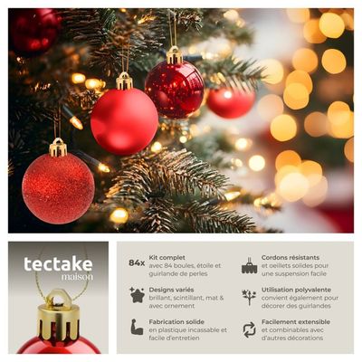 100 Boules De Noël Rouge Relaxdays - ∅ 3,4 Et 6cm - Polystyrène Scintillant - Avec Attaches Argentées