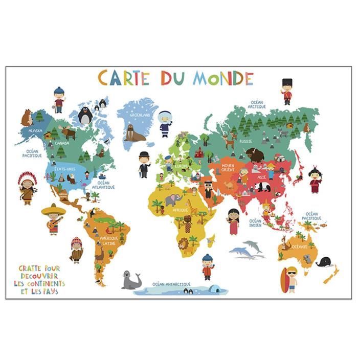 WIDETA Carte du monde à gratter Français, (82 x 43 cm)/ Poster plastifié  extra épais 300 g/m2 / Inclus carte d' Europe et accessoires de grattage :  : Fournitures de bureau