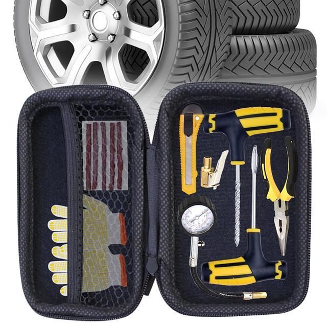 KIT REPARATION PNEU,8PCS--Kit'outils de réparation de pneus de voiture,  bandes de caoutchouc, crevaison de pneus sans chambre à air