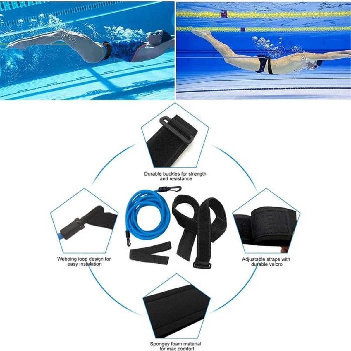 4 m de corde élastique Punvot Ceinture de natation réglable pour piscine Ceinture de natation pour enfants et adultes Kit de sangles d'aide à l'entraînement de piscine