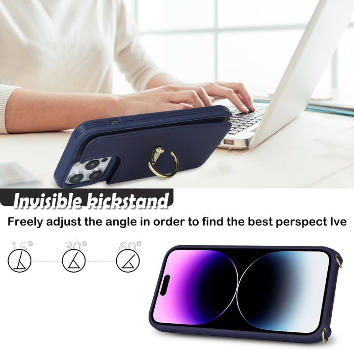 Housse Portefeuille IPhone 15 Pro Avec Cordon - Porte-Cartes & Fermeture Éclair - Noir - Étui Femme - 5