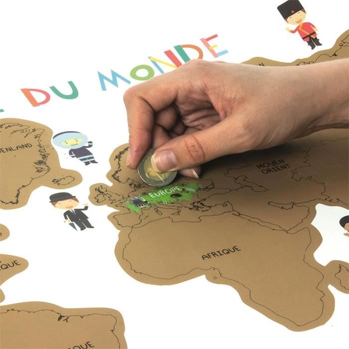 carte du monde à gratter en français (bleu et doré), poster
