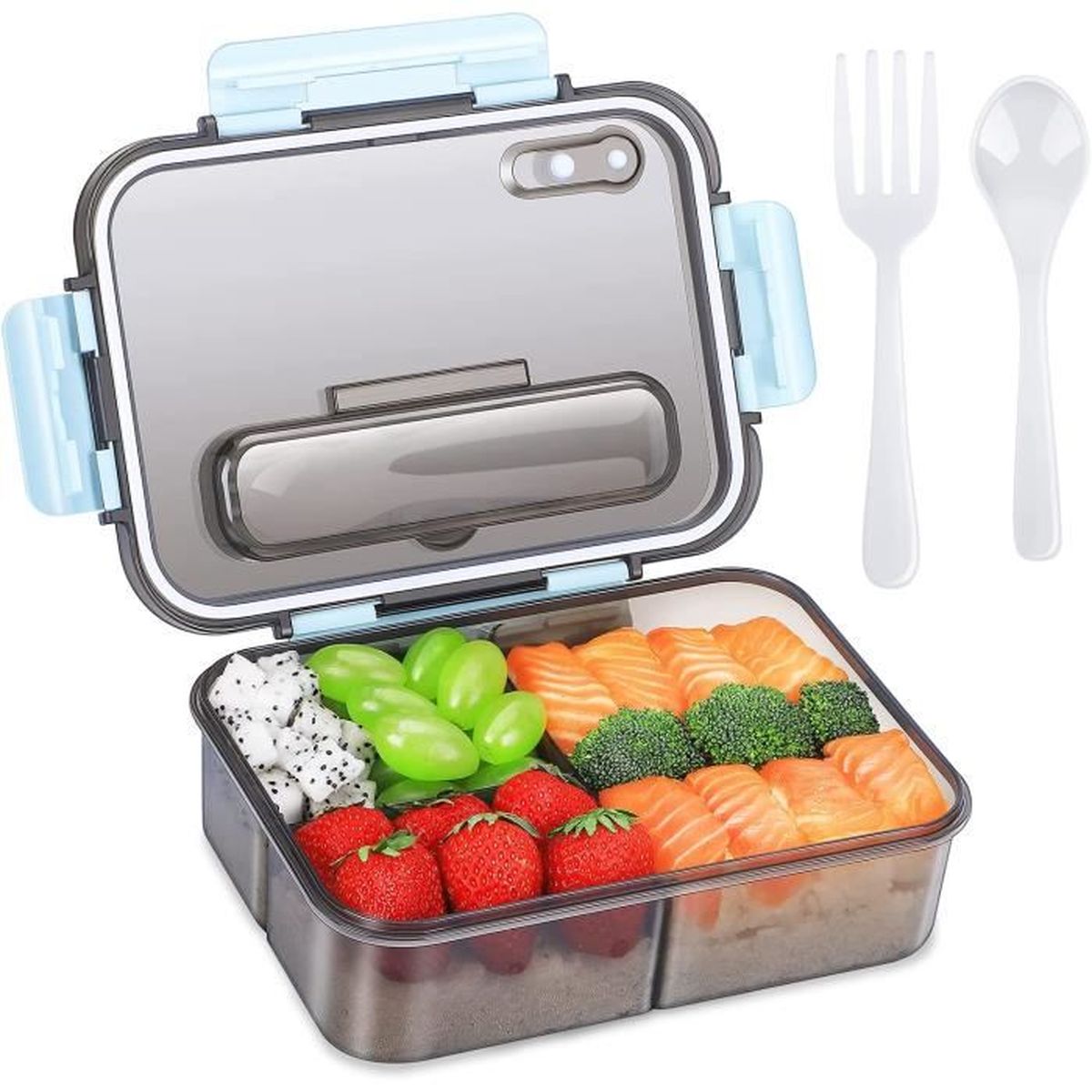 Bugucat Boîte Bento 1330 Ml 6 Compartiments - Lunch Box Étanchéité Parfaite + Couverts + Sauce - Sans BPA (Noir)