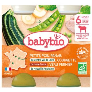 PLATS CUISINÉS Petit Pot Bébé Petits pois Panais Courgettes Veau - Bio - 2x200g - Dès 6 mois - Babybio