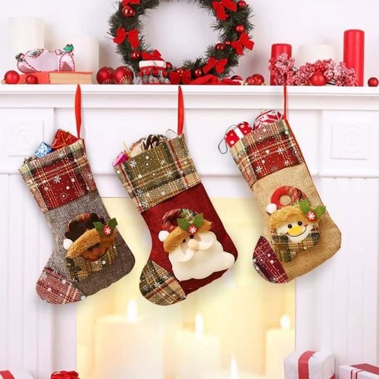 Lot De 3 Chaussettes De Noël à Suspendre - Grande Taille (36 Cm) - Personnalisables - Pour Cheminée Ou Sapin - Idéal Pour Cadeaux