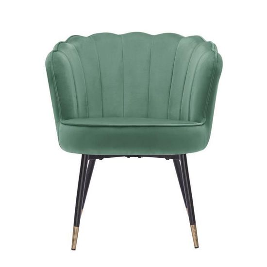 Fauteuil coquillage CALLISTA velours vert sauge pieds noirs et dorés