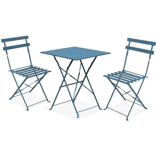 Table bistrot de jardin et 2 chaises pliantes - OVIALA - ROME - Bleu Pacific - Carré - Meuble de jardin