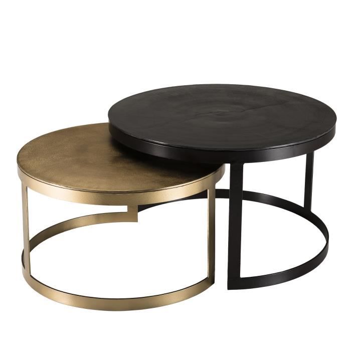 macabane jonas - set de 2 tables gigognes ceinturées rondes aluminium noir doré - pieds métal demi-cercle
