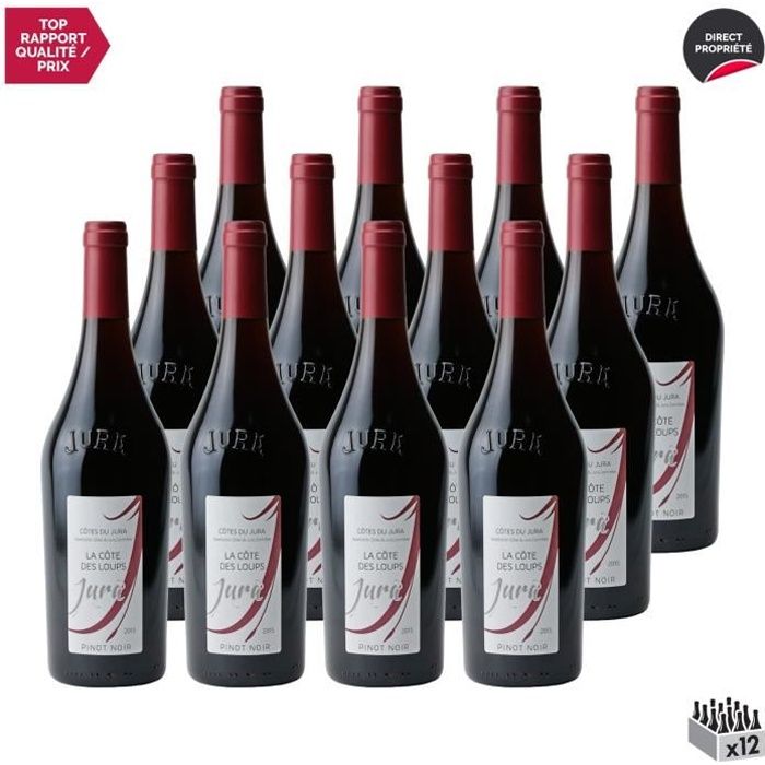 Côtes du Jura Pinot Noir Rouge 2015 - Lot de 12x75cl - La Côte des Loups - Vin AOC Rouge du Jura - Cépage Pinot Noir