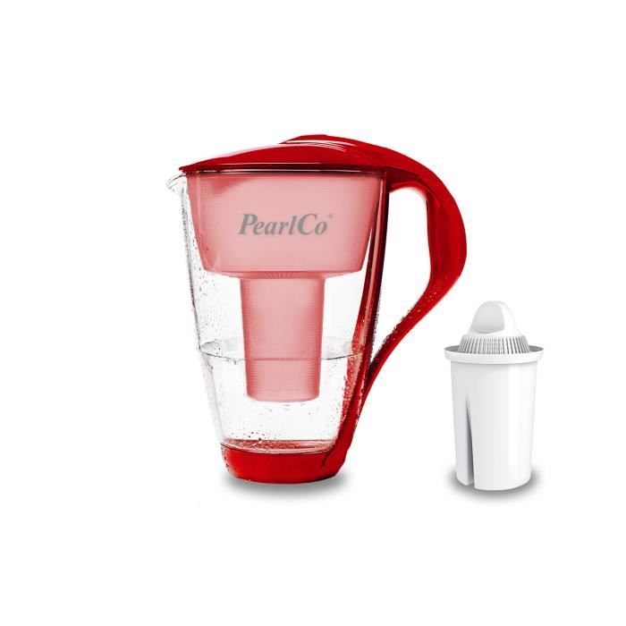 Filtre à eau en verre PearlCo (rouge) avec 1 cartouche filtrante classique (compatible avec Brita Classic)