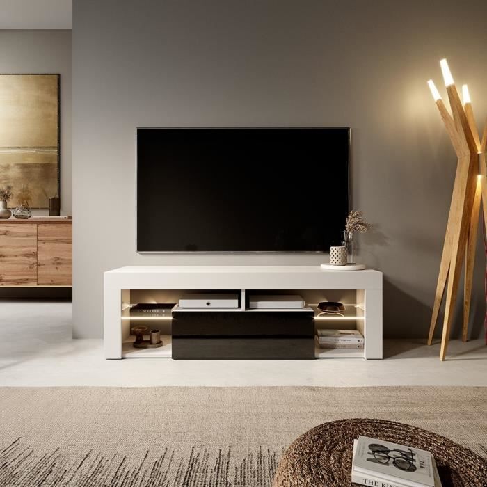 Meuble TV / Banc TV - BIANKO - 140 cm - blanc mat / noir brillant - avec LED - style moderne - tablette en verre