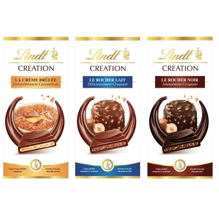 Lot de 3 - 1 LINDT Création La Crème Brûlée 150g + 1 LINDT Création Le Rocher Lait 150g + 1 LINDT Création le Rocher Noir 150g