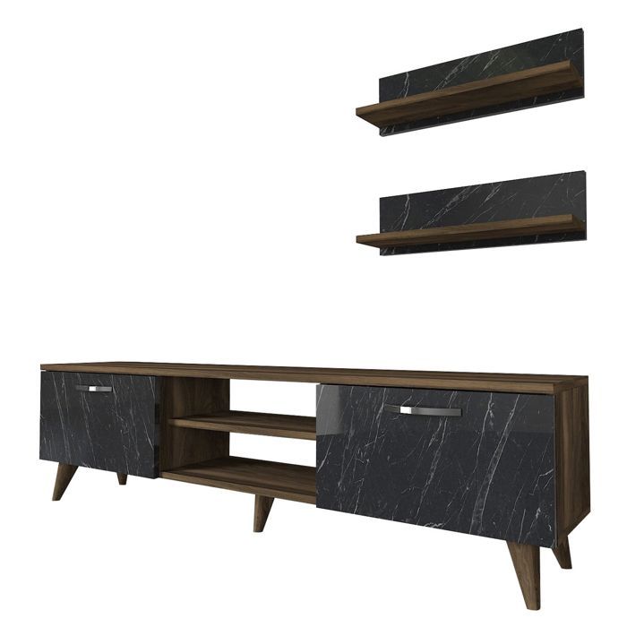 Meuble TV design marbré Ayden - L. 150 x H. 40 cm - Marron noix