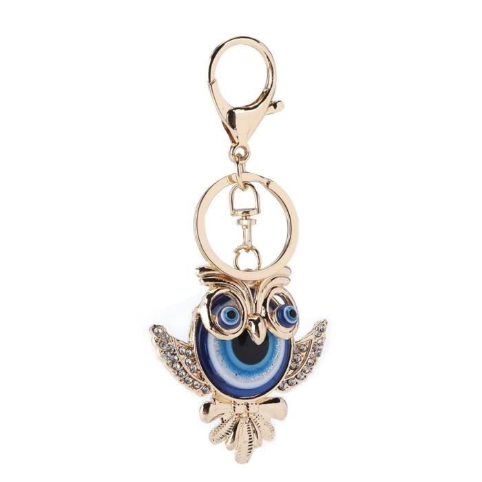 Dilwe Porte-clés en strass Strass porte-clés mode bijoux sac sac à main accessoires avec hibou bleu turc mauvais œil pendentif
