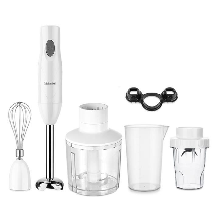 Mixeur à main 4 en 1 Mini Hachoir Batteur, Fonction Turbo, Poignée ergonomique, Pied antiéclaboussures