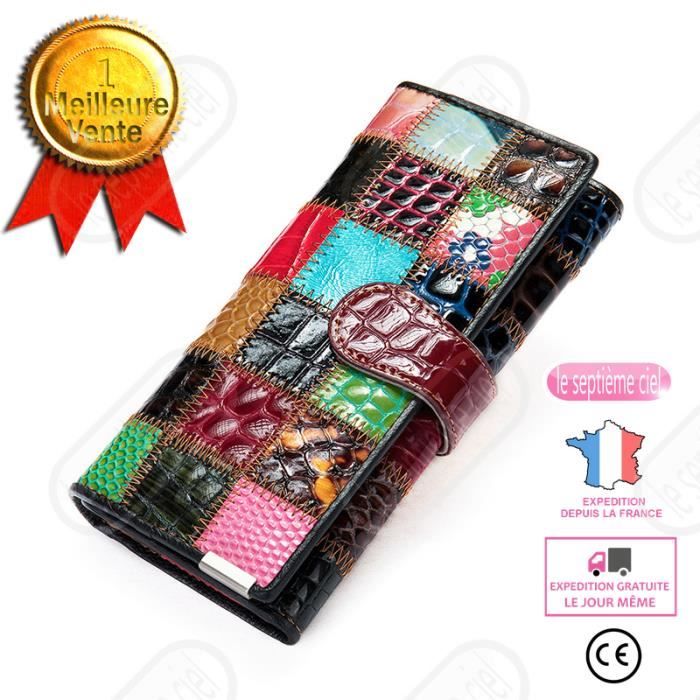 LSC® Portefeuille long pour femme en cuir de vachette à la main porte-monnaie tendance mode couture couleur portefeuille en cuir cad
