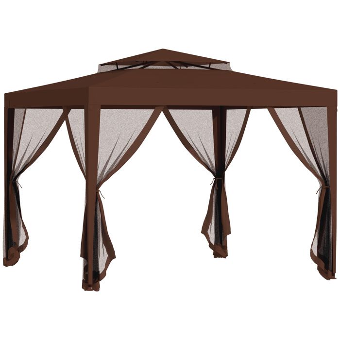 Tonnelle barnum de jardin dim. 3L x 3l x 2,65H m - 4 moustiquaires amovibles - double toit - métal époxy polyester chocolat