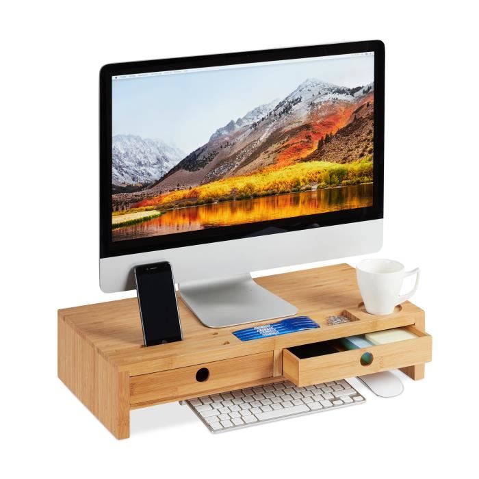 Relaxdays Support pour moniteur, en bambou, Rehausseur d’écran avec 2 tiroirs rangements, bureau, HLP 12x56x27cm, nature -