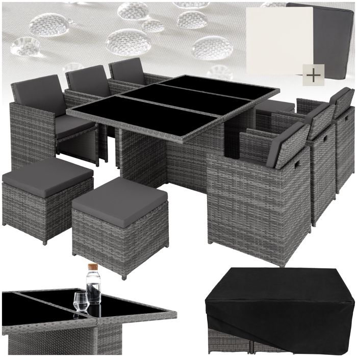 Salon de jardin NEW YORK 10 places avec 2 sets de housses + housse de protection, variante 2 - gris