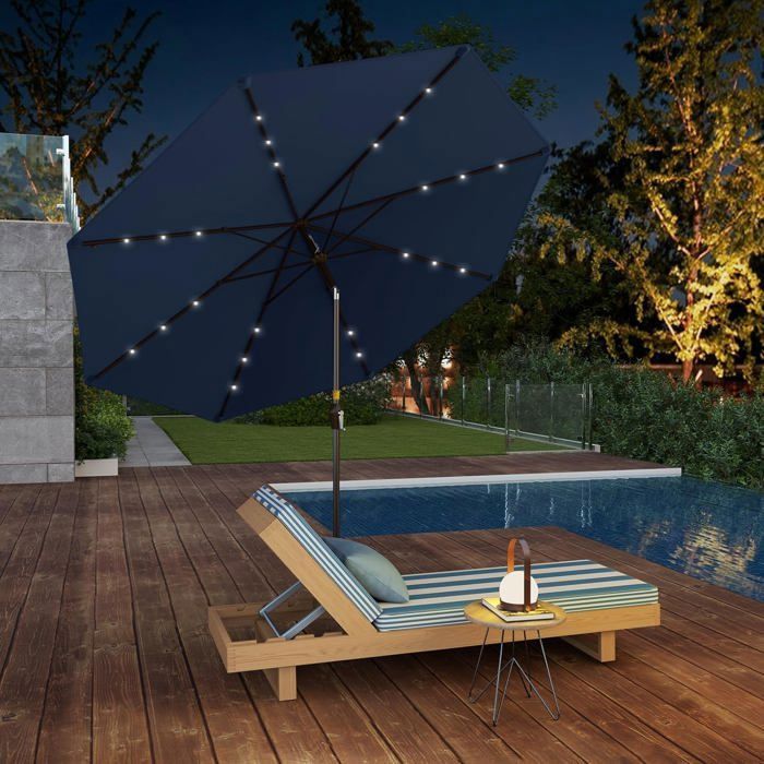 GOPLUS Parasol de Jardin D.300CM-Parasol Patio Inclinable 24 LED Solaire-Poteau Métallique avec Manivelle-Bleu Foncé(sans Base)