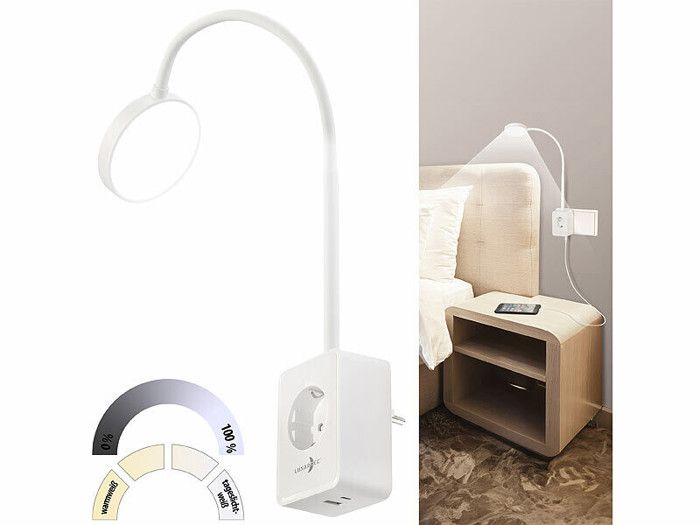 Lampe LED - Lunartec - Col de cygne flexible - Intensité variable - Chargeur USB - Blanc Lampe LED - Lunartec - Col de cygne flexible - Intensité variable - Chargeur USB - Blanc