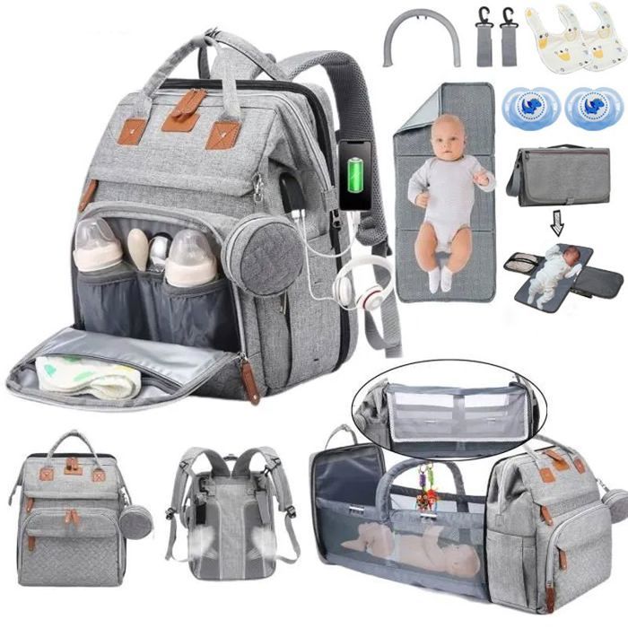 SAC A LANGER Sac à Dos à LangerGrande Capacité Imperméable Avec Matelas à langer et sucette bébé - Gris