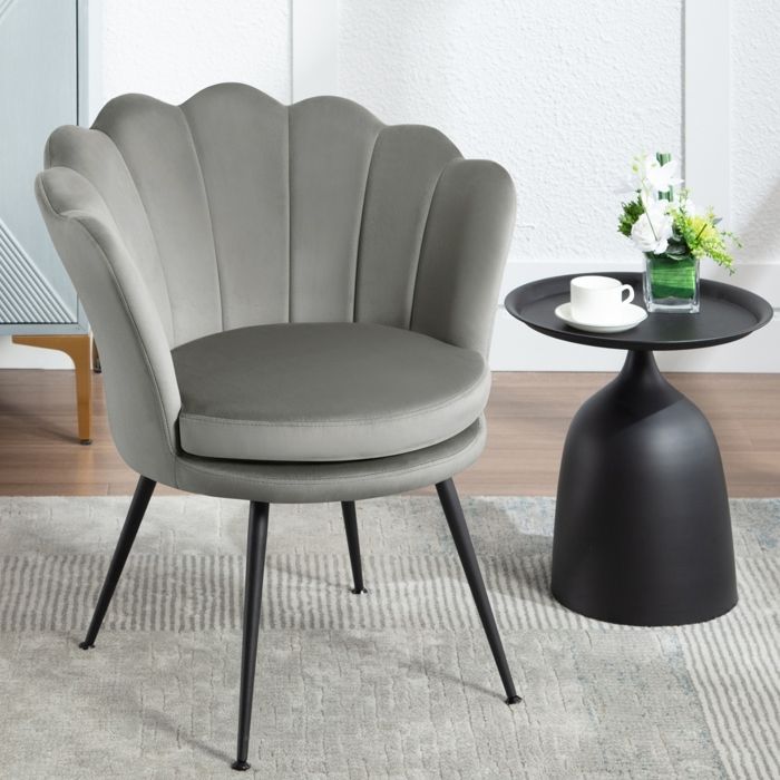 WOLTU Fauteuil Coquillage Salon - Dossier en Forme de Pétale - Chaise Velours Pieds en Métal - Gris