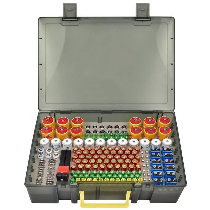 Organiseur De Piles XL Avec Testeur BT-168 - Boîte De Rangement Pour 225 Piles AA AAA 9V C D - Gris Transparent