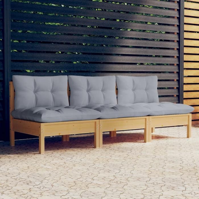 Canapé dextérieur-Canapé 3 places - 3 Personnes - de jardin et coussins gris Bois de pin solide（5355515）