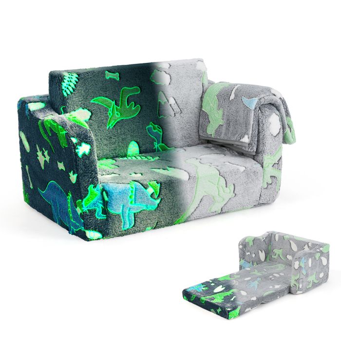 GOPLUS Canapé et Fauteuil Pliant 2 en 1 pour Enfants Fauteuil avec Couverture Lumineuse dans Noir Gris Dinosaure