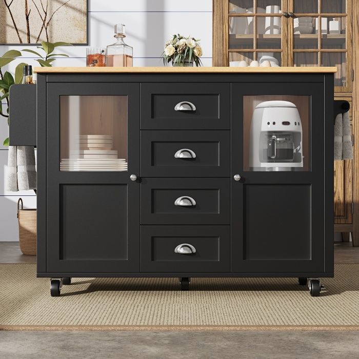 Buffet de Cuisine avec Roulettes2 Portes 4 TiroirsPlan de TravailPorte-Serviettes étagère à épices 137.9x73x92.5cmNoir