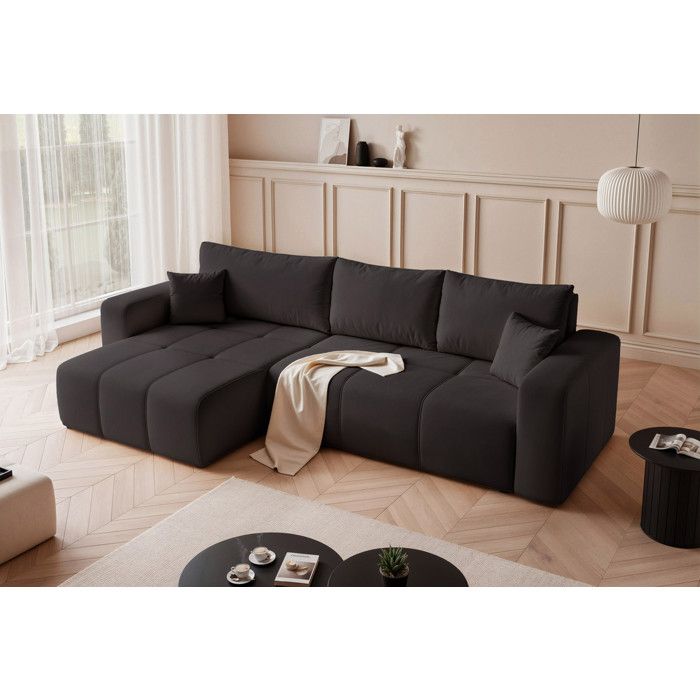 Canapé dangle Réversible PEDRO - 5 places - Convertible avec Coffre - Tissu Velours - Anthracite