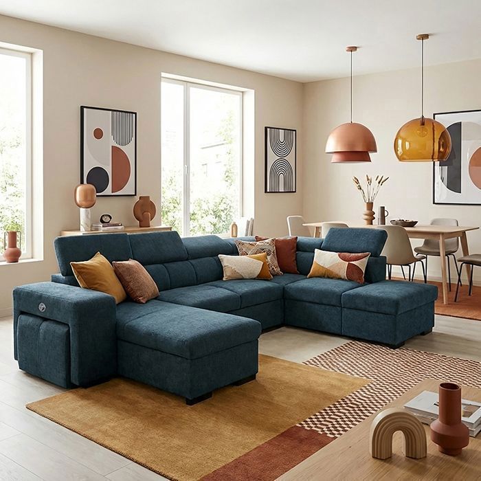 SIRIUS Canapé dangle panoramique convertible Bleu OCEAN (tissu lisse) - Taille XL - 6 places - 334 x 219 x 94