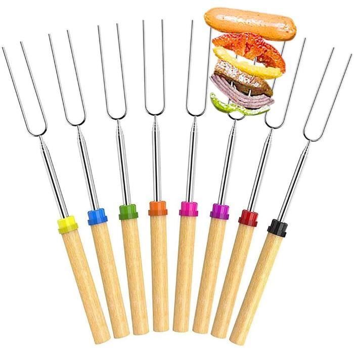 Fourchette à barbecue télescopique - Acier inoxydable - Manche en bois - 8 pièces