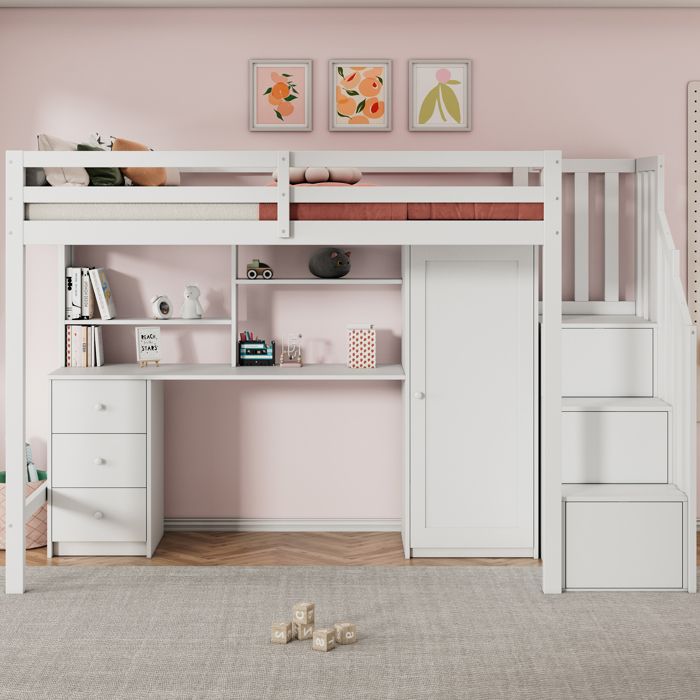 Lit mezzanine 90 x 200 cm avec tiroirs Lit superposé en bois avec bureau et armoire escalier sommier à lattes blanc Lit mezzanine 90 x 200 cm avec tiroirs Lit superposé en bois avec bureau et armoire escalier sommier à lattes blanc