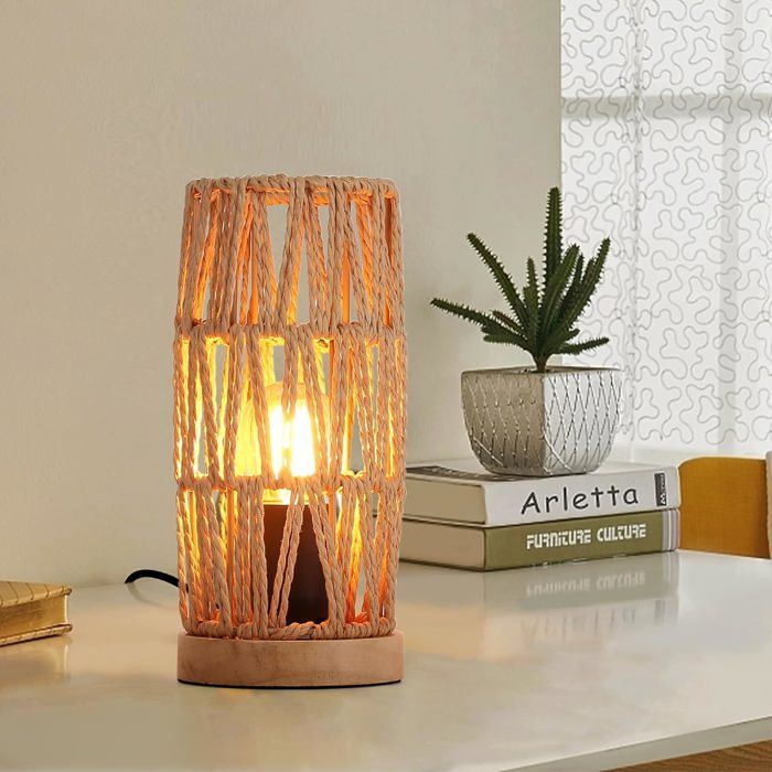 Lampe table rotin “BEJA” style bohème vintage base bois douille E27 décorative.