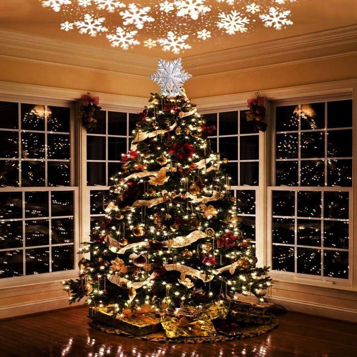 Étoile de sapin de Noël : éclairée avec 6 motifs projetés de flocons de neige - Projecteur de flocons de neige 3D creux à paillettes - Lumière rotative magique pour décorations de Étoile de sapin de Noël : éclairée avec 6 motifs projetés de flocons de neige - Projecteur de flocons de neige 3D creux à paillettes - Lumière rotative magique pour décorations de