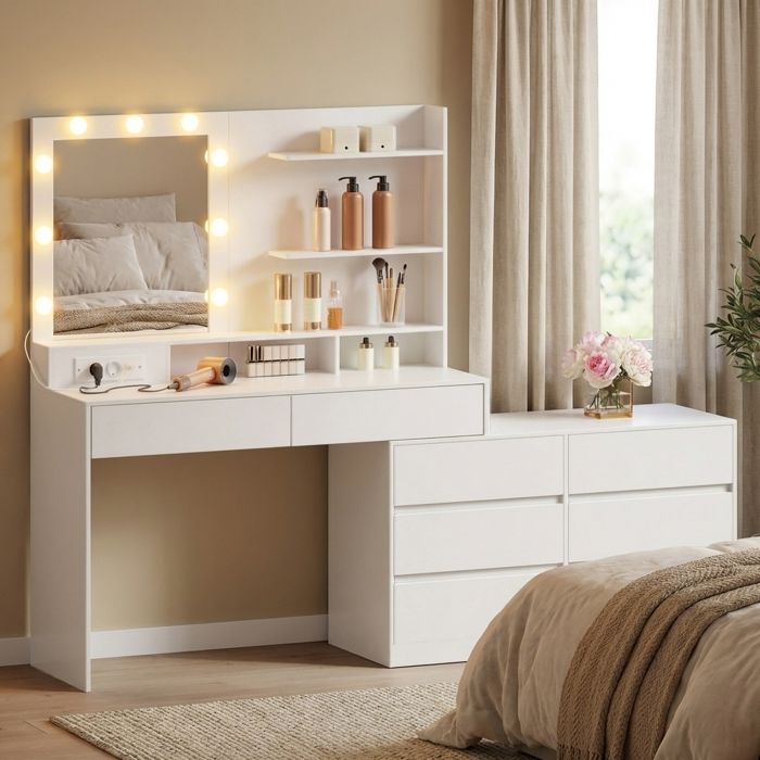 Coiffeuse en Ligne ou en L Miroir LED 9 Ampoules avec Multiprise 8 Tiroirs Blanc